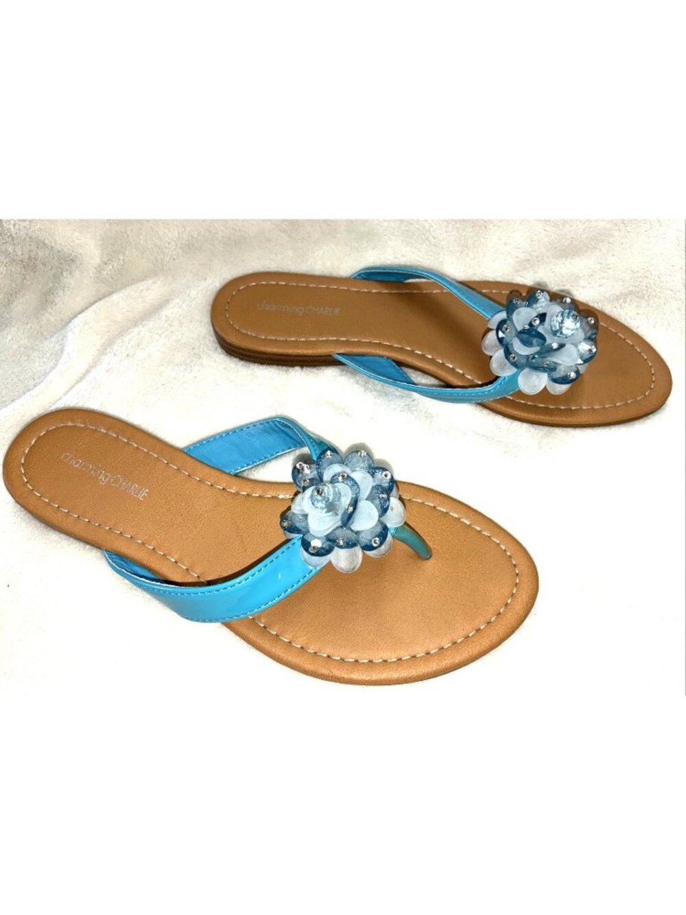 Charming Charlie Turquoise Floral Flat Sandals Lightweight Women Sz 6 #yeb
